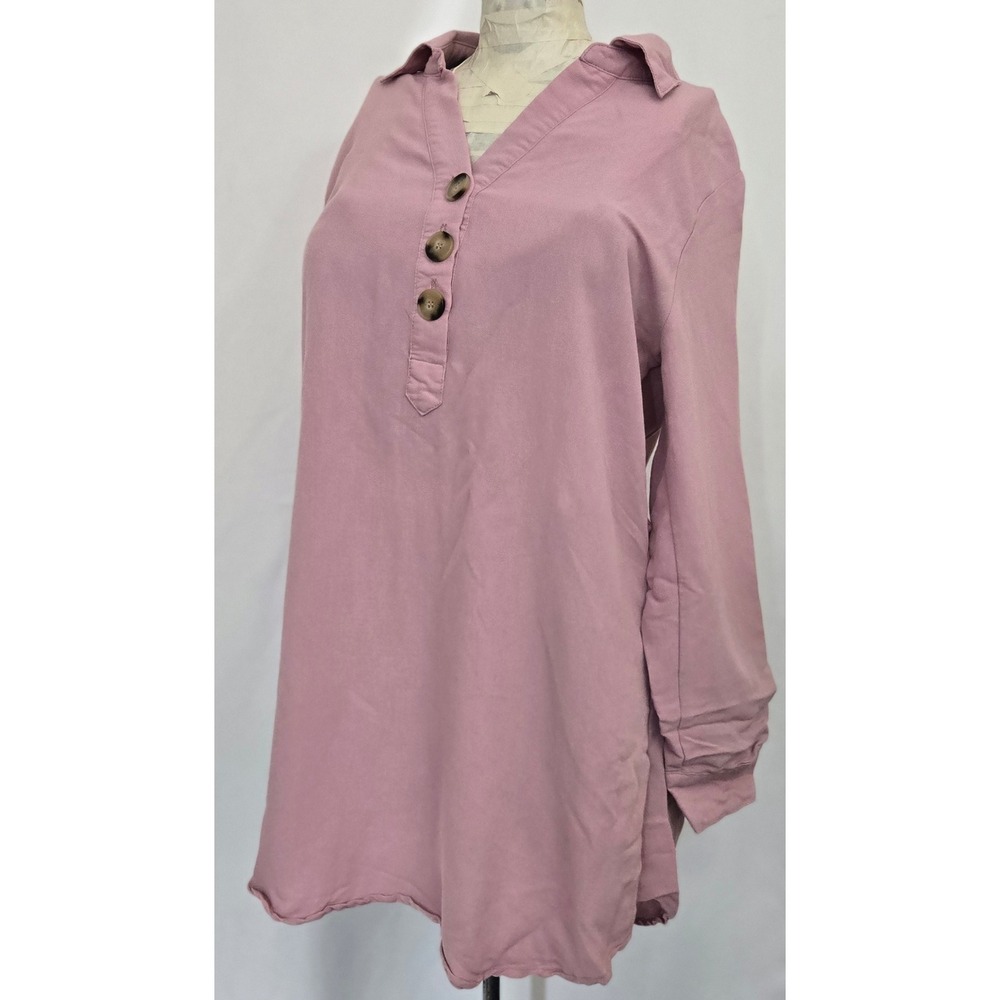 E & M Womens Small Tunic Blouse Dusty‎ Rose Pink Henley Roll Tab Sleeve High Low